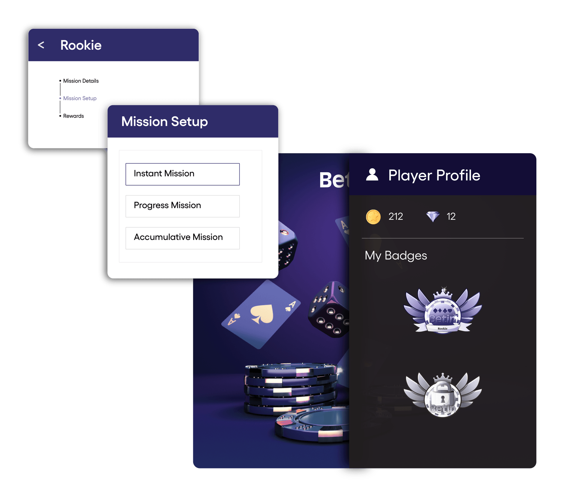 Screenshots of a dark-themed mobile gaming app, showcasing mission setup and player profile.